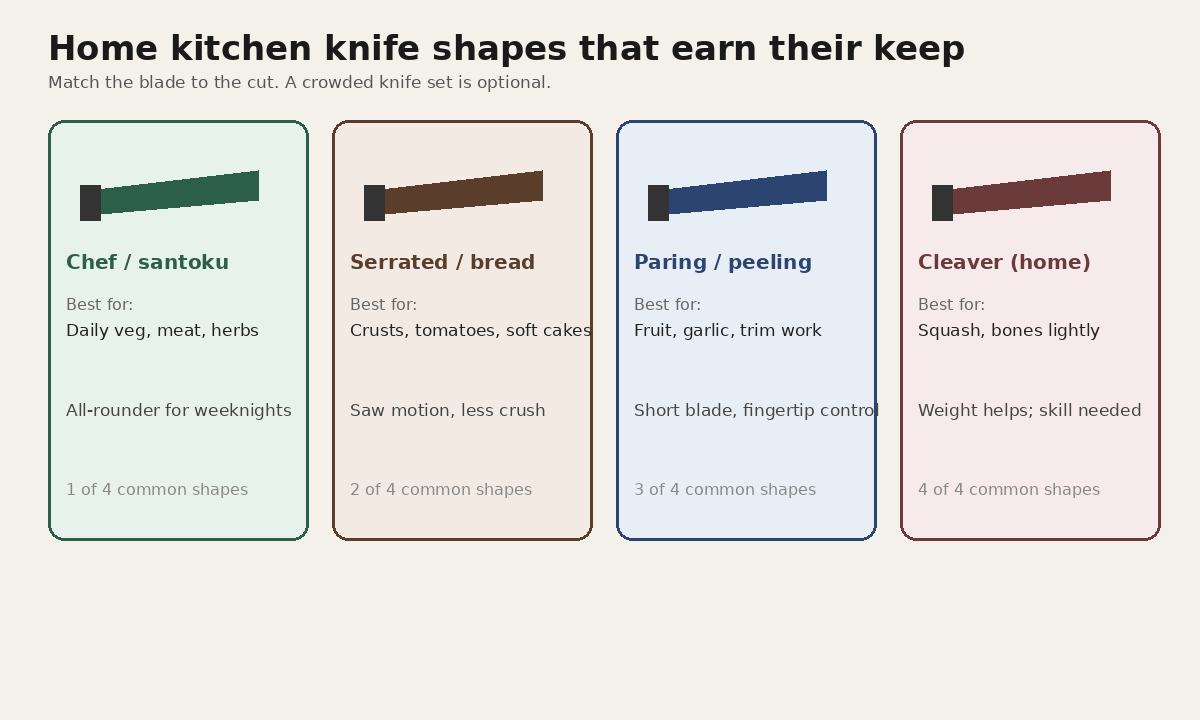 Educational cards comparing chef or santoku, serrated bread, paring, and home cleaver knife shapes with notes on best uses for home cooks