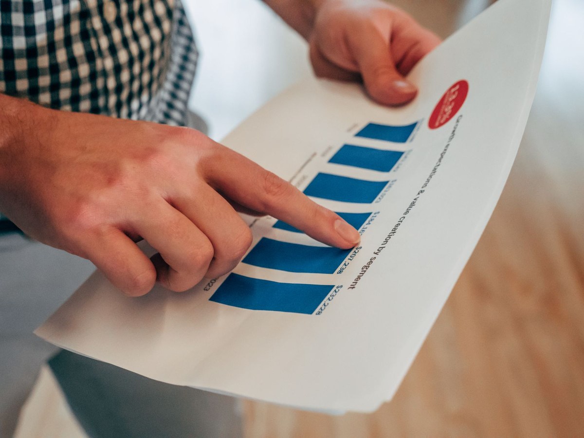 Hands pointing at a printed bar chart titled growth expectations and value creation by segment